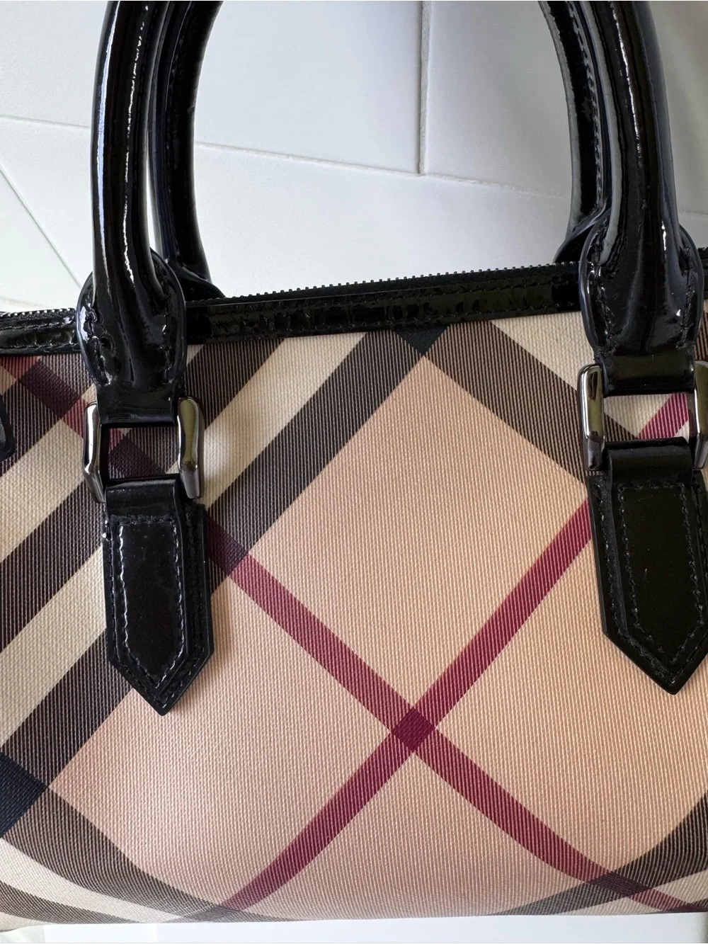 Burberry Beige Check Satchel with Black Patent Handles and Maroon Accents